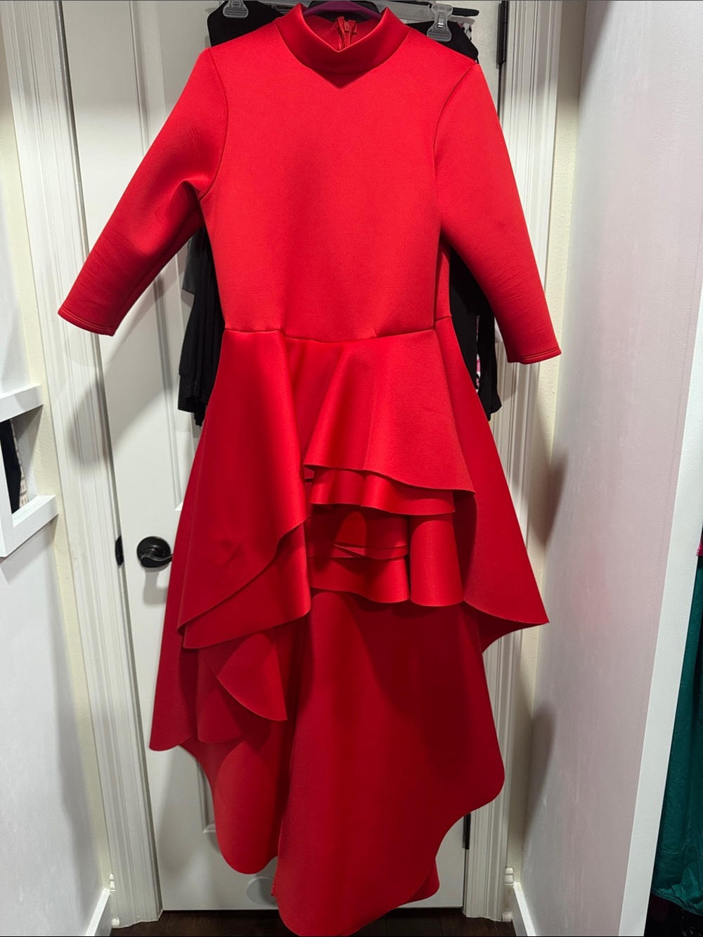 Red Ruffle High-Low Scuba Dress